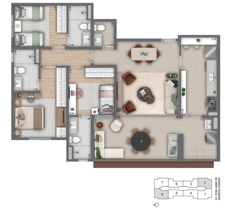 Planta do apartamento de 114m², 3 suítes