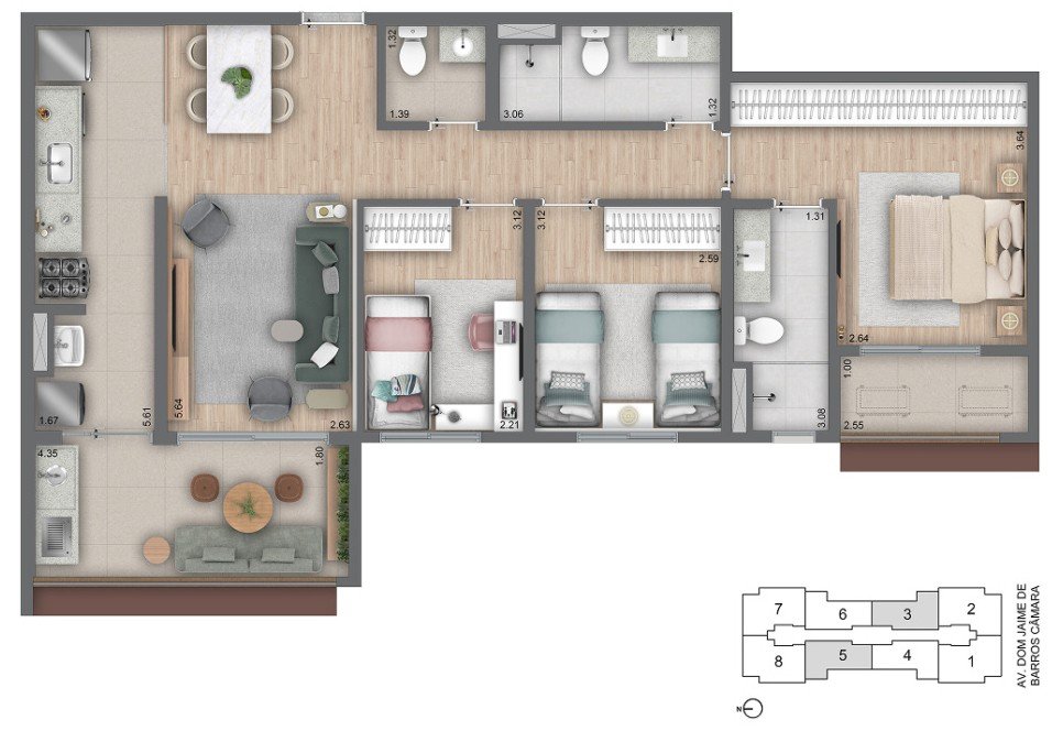Planta do apartamento de 94m², 3 dormitórios sendo 1 suíte