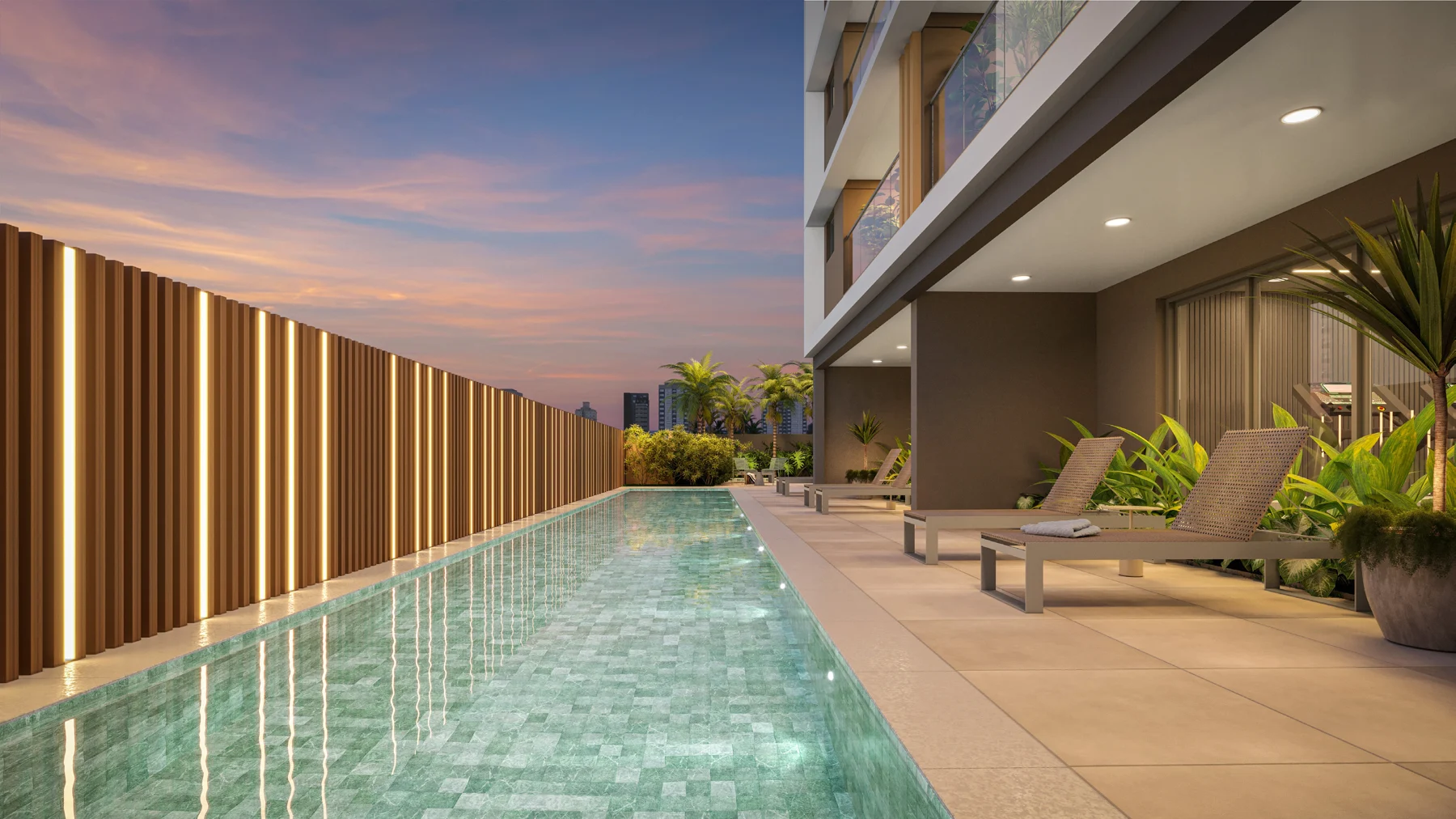 Piscina adulto com solarium e paisagismo