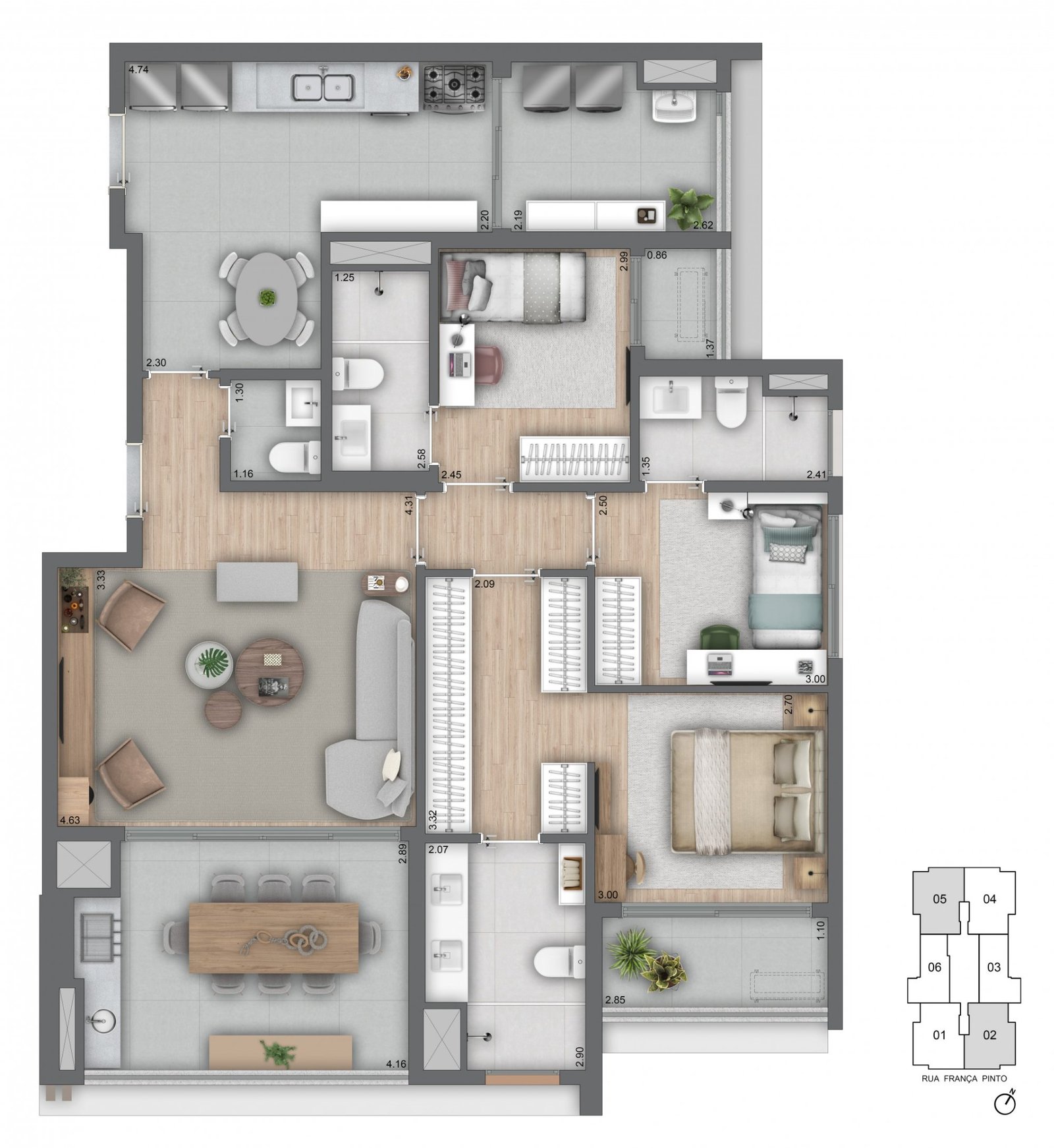 Planta de 125 m² com 3 suítes