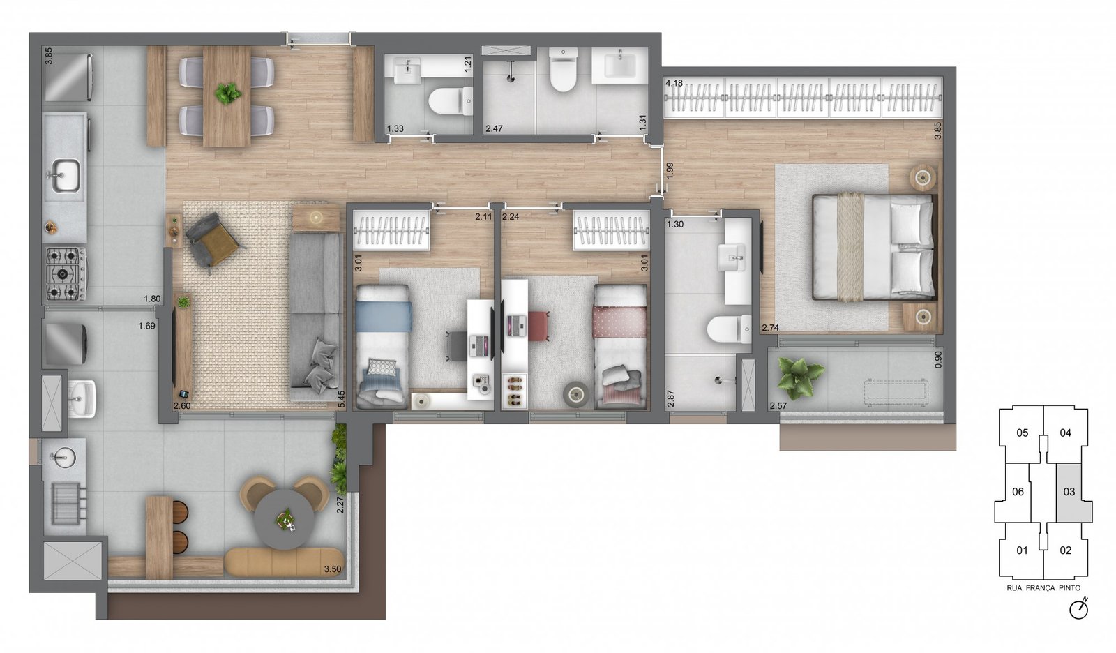 Planta de 93 m², com 3 dormitórios e 1 suíte